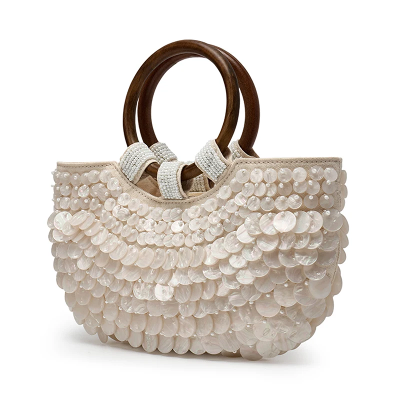 Shell Purse For Women Shoulder Bag Handmade Seashell Beaded Clutch Wooden Top Handle Bag Beach Evening Handbag for Summer