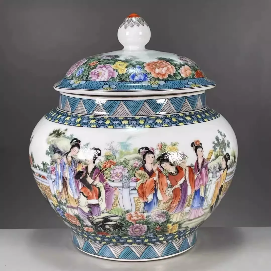Chinese Famille Rose Porcelain Tea Caddy Pot Seven Fairies Pattern 7.87 inch