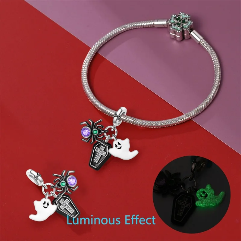 2024 New 925 Sterling Luminous Halloween Skull Witch Pumpkin Candy Charms Beads Fit 3mm Original Bracelets DIY Party Jewelry
