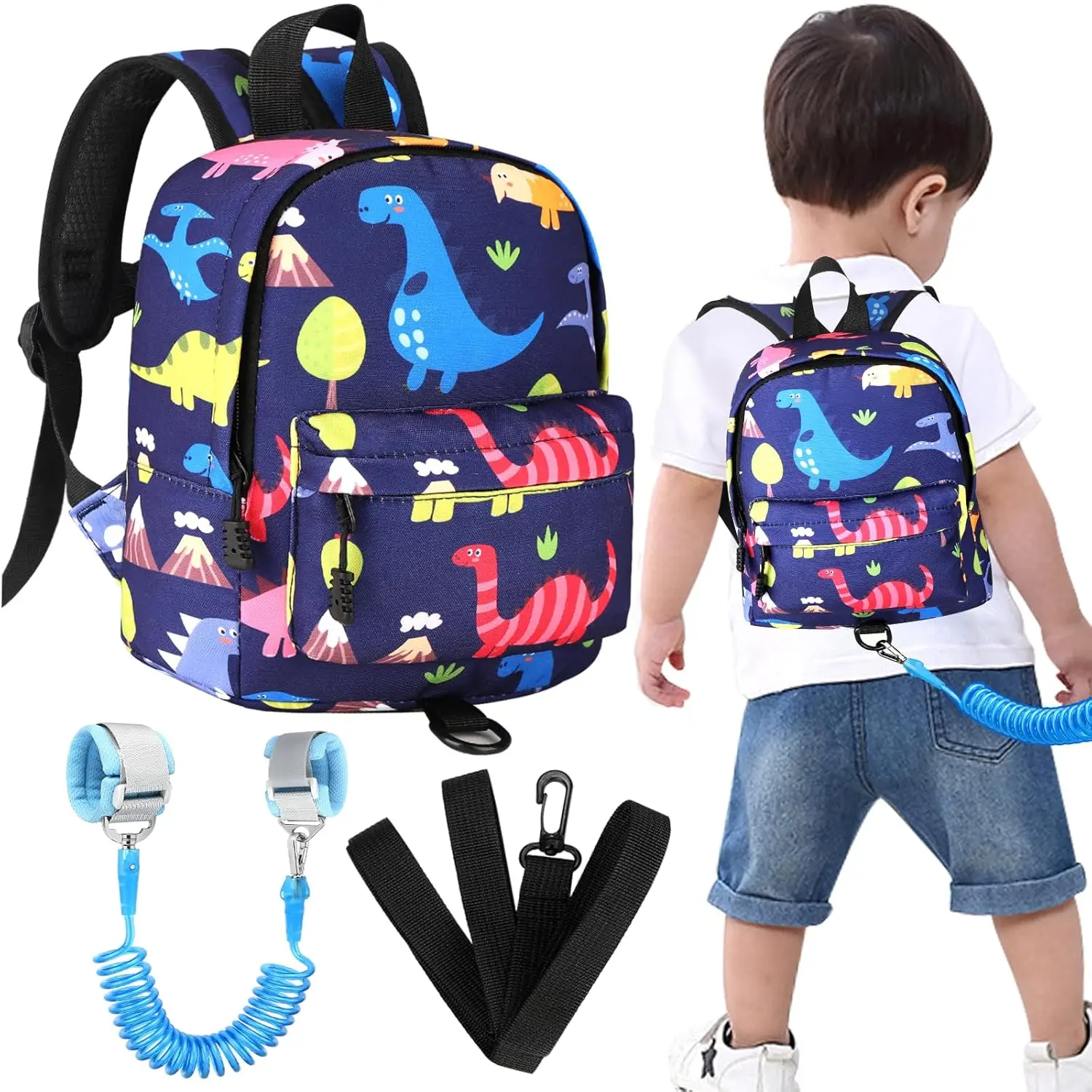 

Cute Dinosaur Toddler Backpack Leash with Adjustable Strap, Anti-Lost Wrist Link for Kids 1-3 Years (Navy Blue)