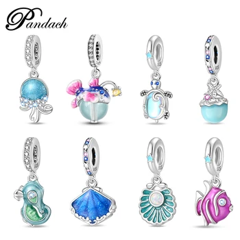 925 스털링 실버 오션 시리즈 블루 야광 해파리 불가사리 병 부적 비즈 핏, 판도라 오리지널 팔찌, DIY 쥬얼리