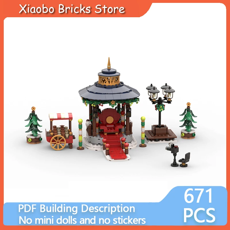 

Рождественская модель с видом на улицу MOC, строительные кирпичи, павильон Санта-Клауса, модульная технология, подарок, праздник, сборка, детские игрушки, костюм