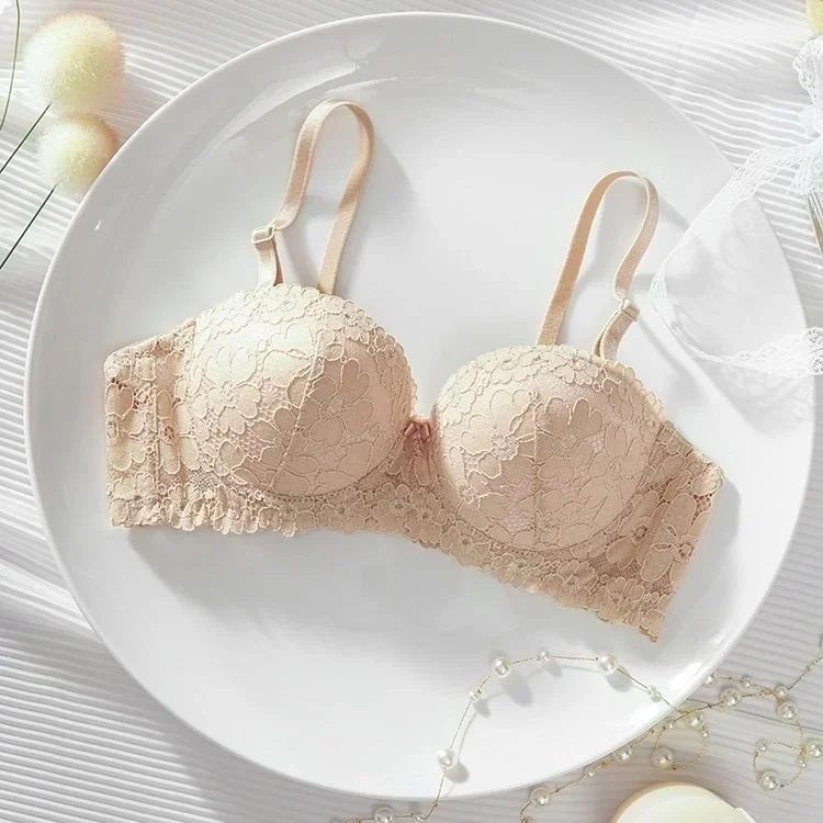 Thickened Underwear Women\'s Small Breasts Gather Together with Steel Rings Shaped Upper Support A Cup Flat Bra Double Bralette