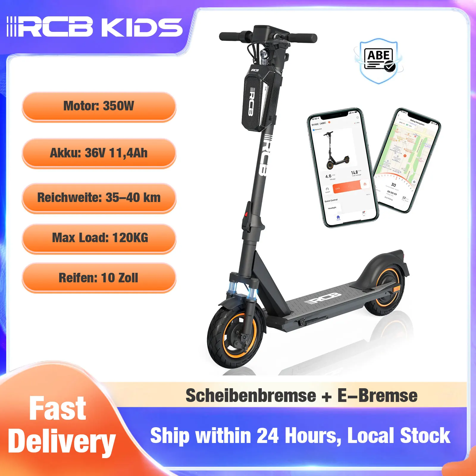 EV10Z ABE Klappbarer Elektroroller für Erwachsene, 350W Motor, 36V 11.4Ah Akku, 35-40km Reichweite, 10 Zoll Vollgummireifen, APP Steuerung RCB KIDS