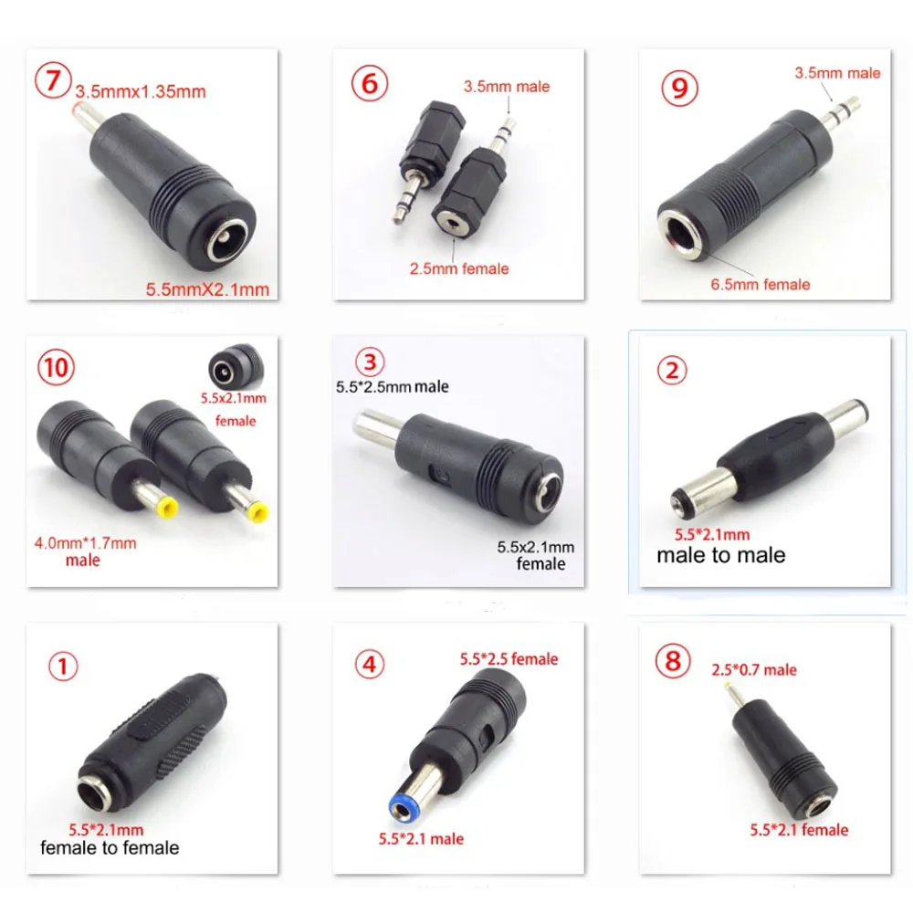 1/2/5pcs DC Power Adapter Connectors Female To Male PC Power Charger Adaptor Jack Plug 6.5mm 5.5X 2.1mm 2.5mm 3.5mm 1.35mm D5