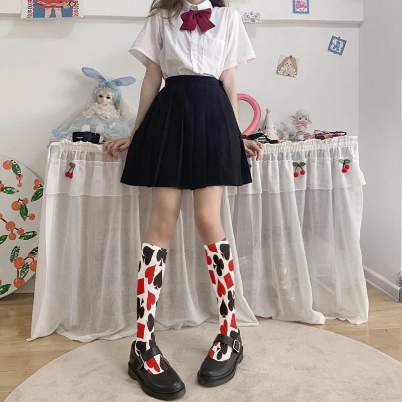 Playing Card Printed Thigh Stockings Ladies Fashion Sexy Red Heart Sweet Stockings Halloween Cosplay Calf Socks High Quality