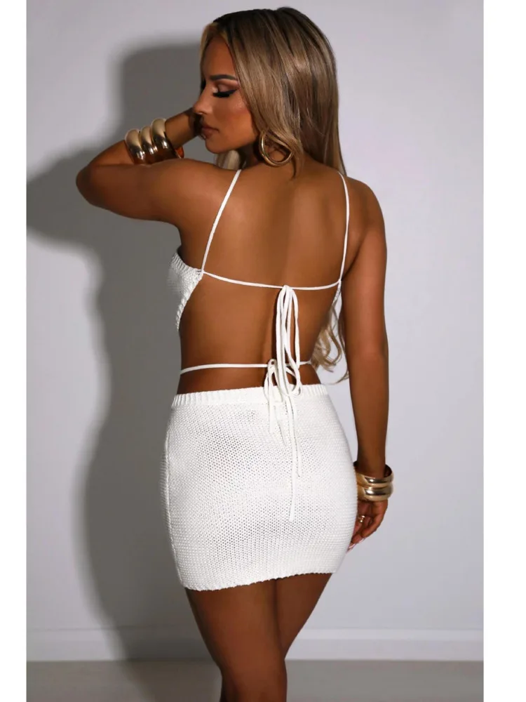 Articat Sexy Knitted Women Two Piece Set Hanging Collar Backless Vest CropTop Slim Fit Mini Skirt Set Charming Beach Party Suit