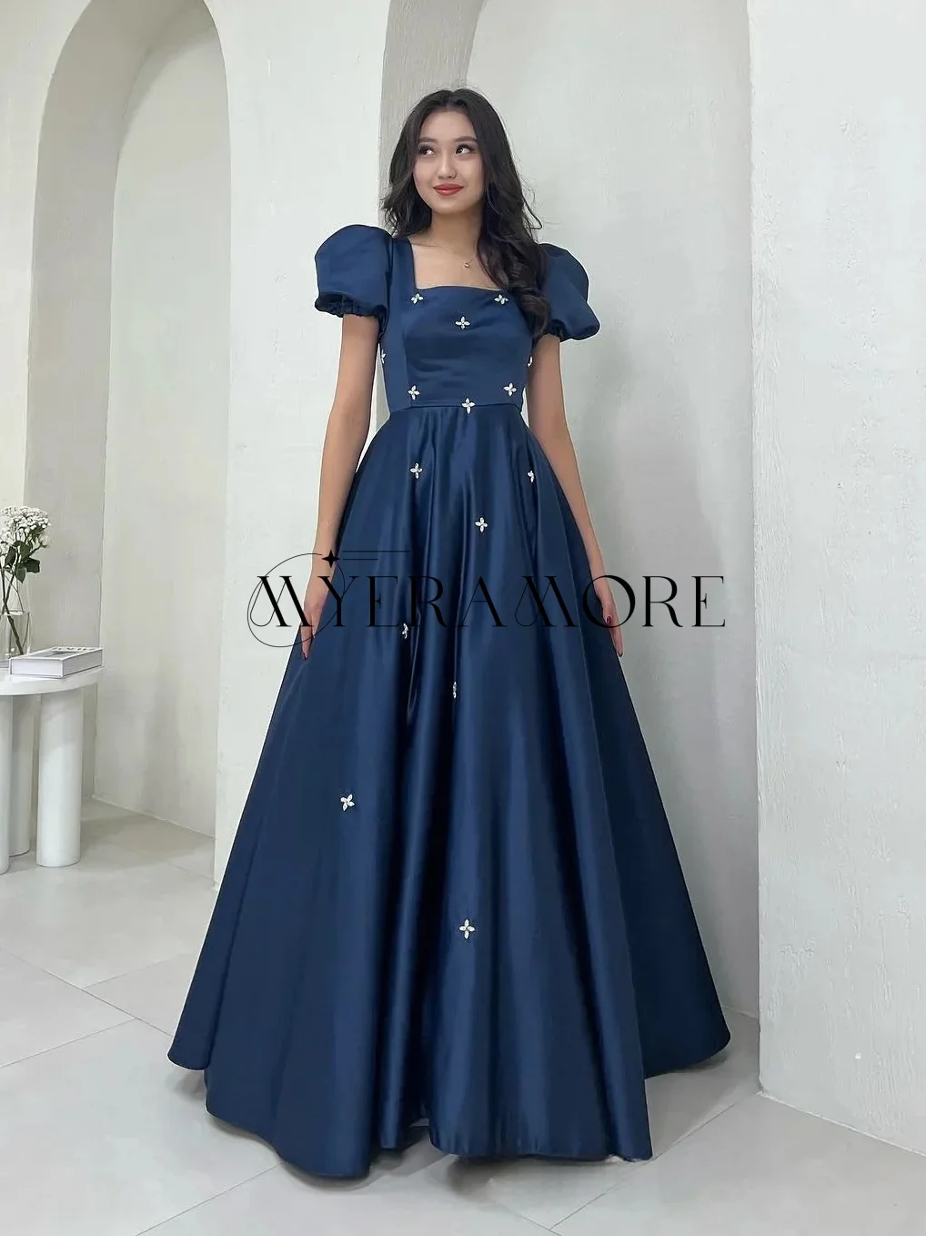 

Fashion Square Neck Evening Dresses Puffy Half sleeve A-Line Beaded Homecoming Dresses Customized فساتين سهرة