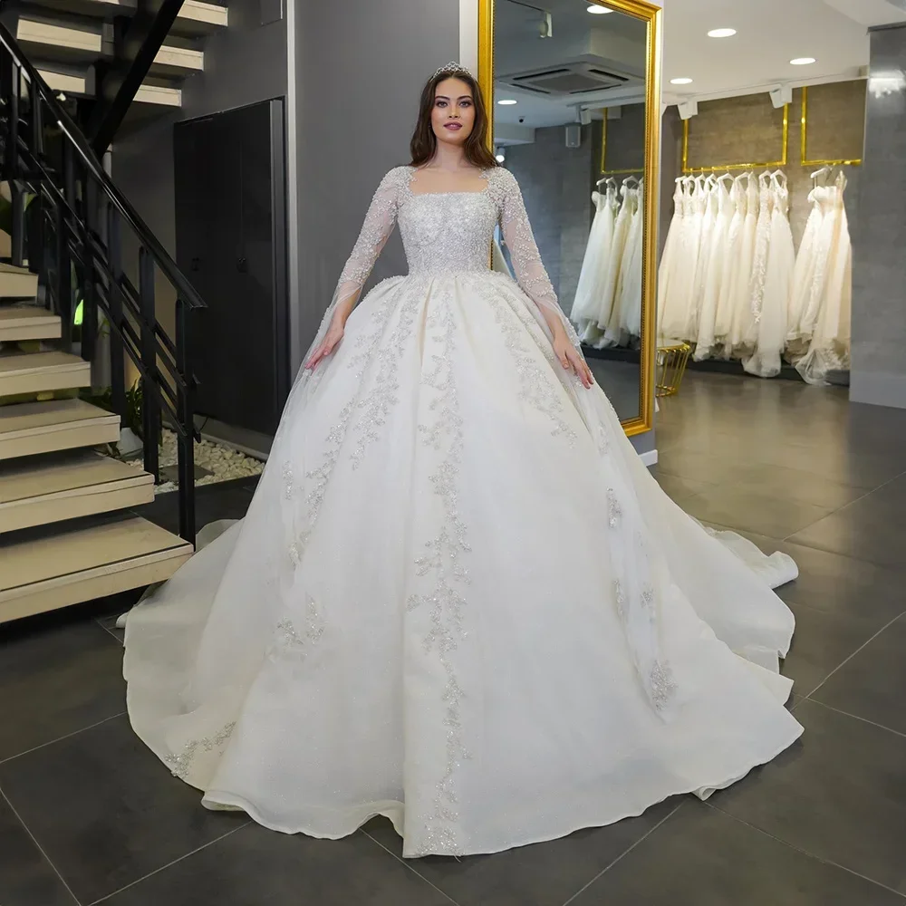 

Свадебное платье с квадратным воротником и бисером и длинными рукавами по индивидуальному заказу для женщин, бальное платье из тюля, свадебное платье, платья de novia