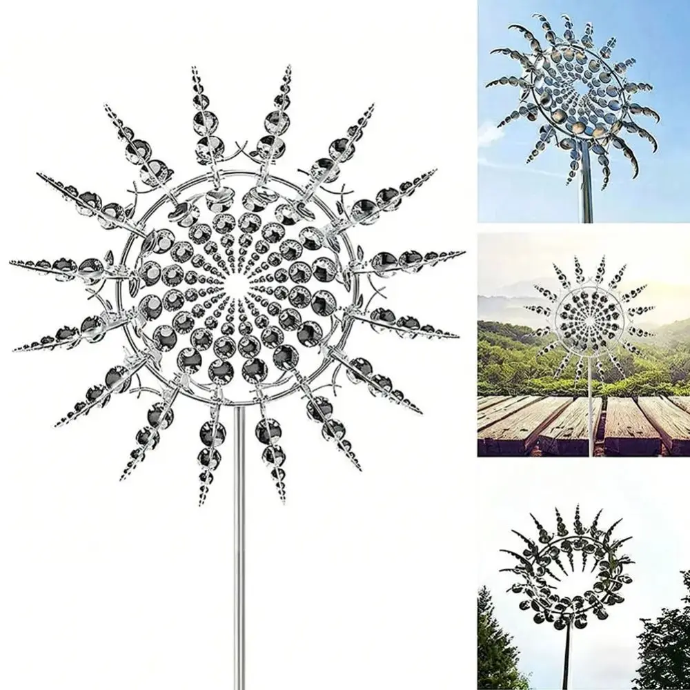Wind Powered Metal Windmill Rust Resistant Double Leaf Wind Spinner Rotating Ground Mounted Windmill Rotating Yard Decor