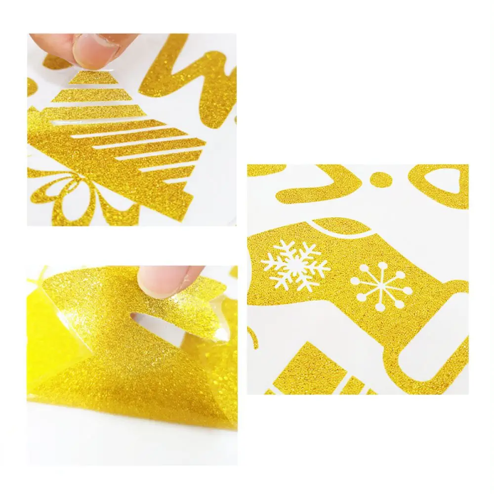 Glitter Christmas Tree Stickers Gold Silver Snowflake Static Window Clings Decorative Wall Decals For Home Shop Decor