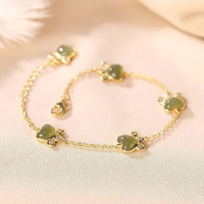 Original cute cat paw charm bracelet for women inlaid natural Hotan Jade green bangles creative sweet and exquisite jewelry