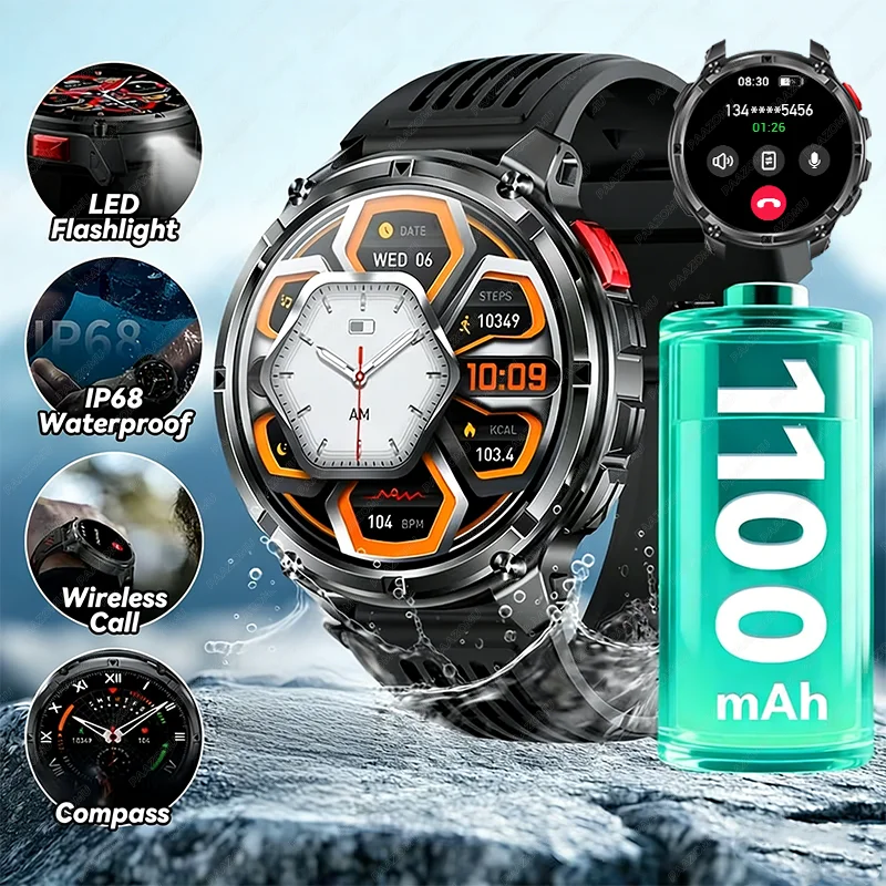 

Мужские смарт-часы 2026 с LED-фонариком 1,7 дюйма, Bluetooth-звонками, компасом для активного отдыха, мониторингом здоровья, аккумулятором 1100 мАч