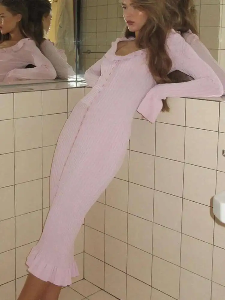 

Вязаные женские платья макси, элегантное однобортное женское платье с рюшами на подоле, длинными рукавами-бабочками, весна 2024, новые каникулы