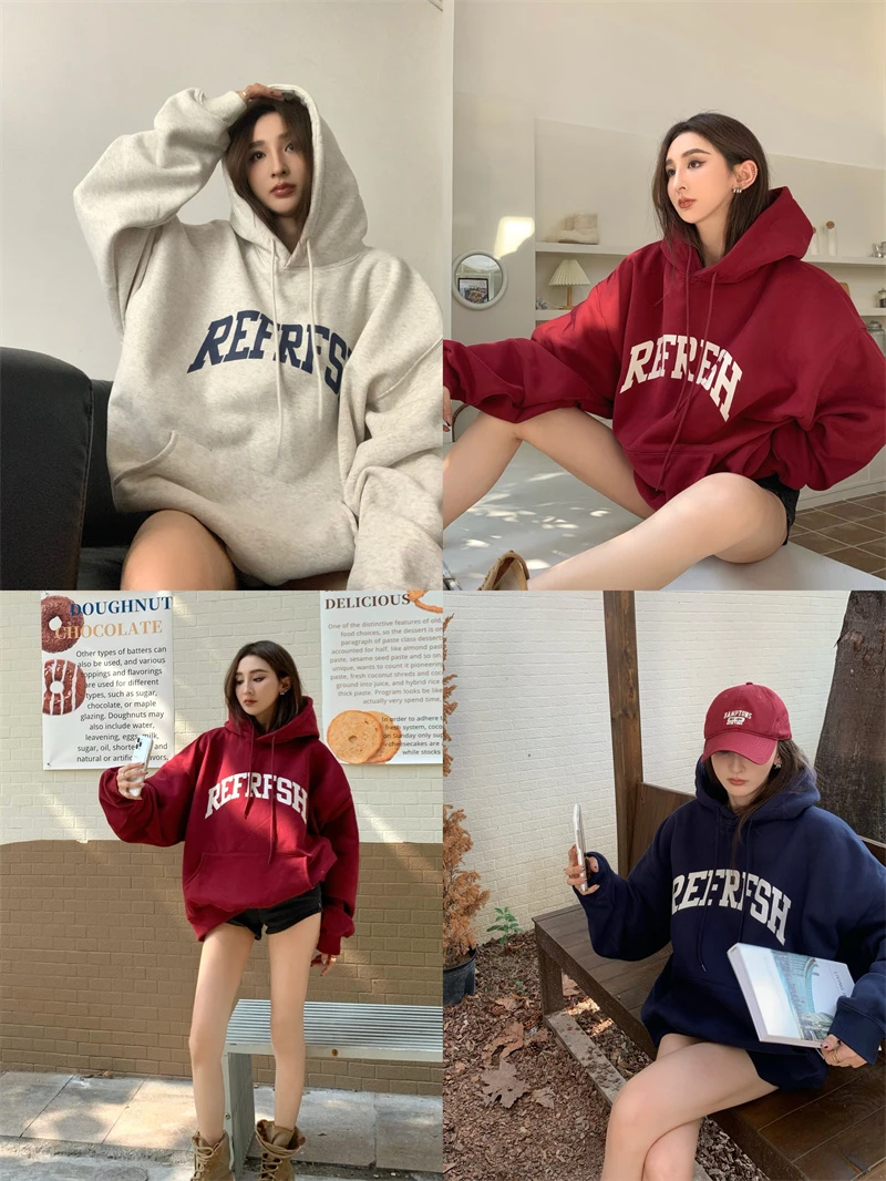 Retro American High Street Hoodie Women's Autumn Winter Thickened Fleece Oversize Lazy Style Top Korean Version Long Sleeve
