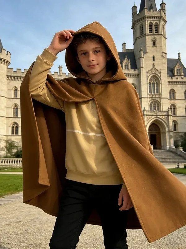 

Retro Style Children's Short Woolen Cloak Unisex Hooded Robe for Halloween Role-playing Polyester Material Spring Season
