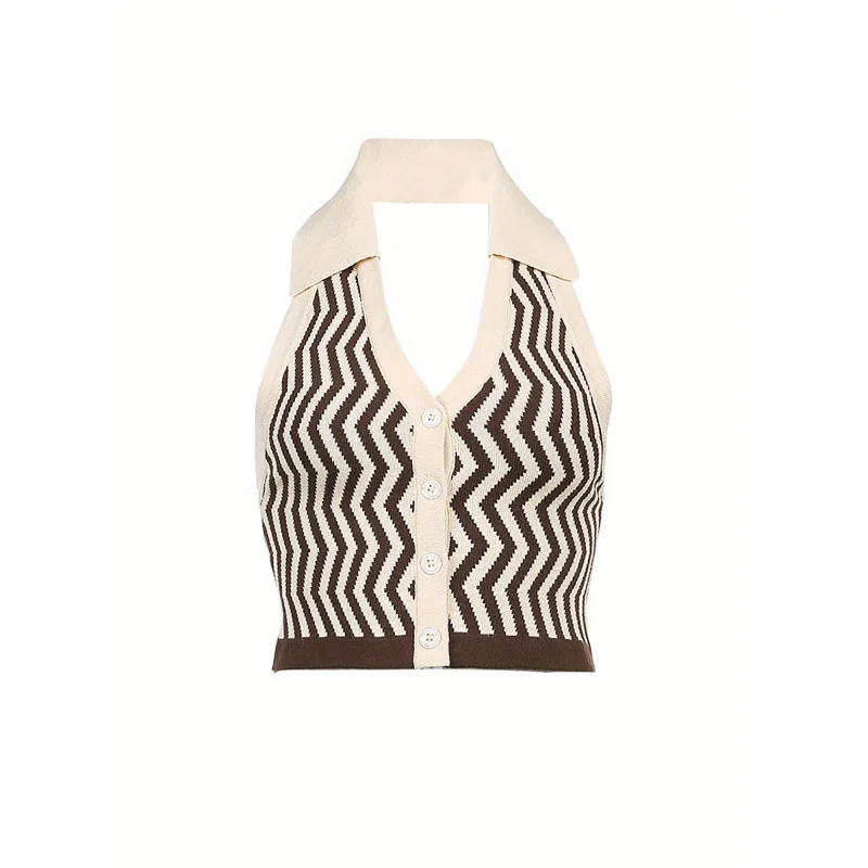 Women'S Knitted Crop Top Vest Deep V-neck Halter Top Button Wavy Pattern Sleeveless Shirt Lapel Tops Blouse