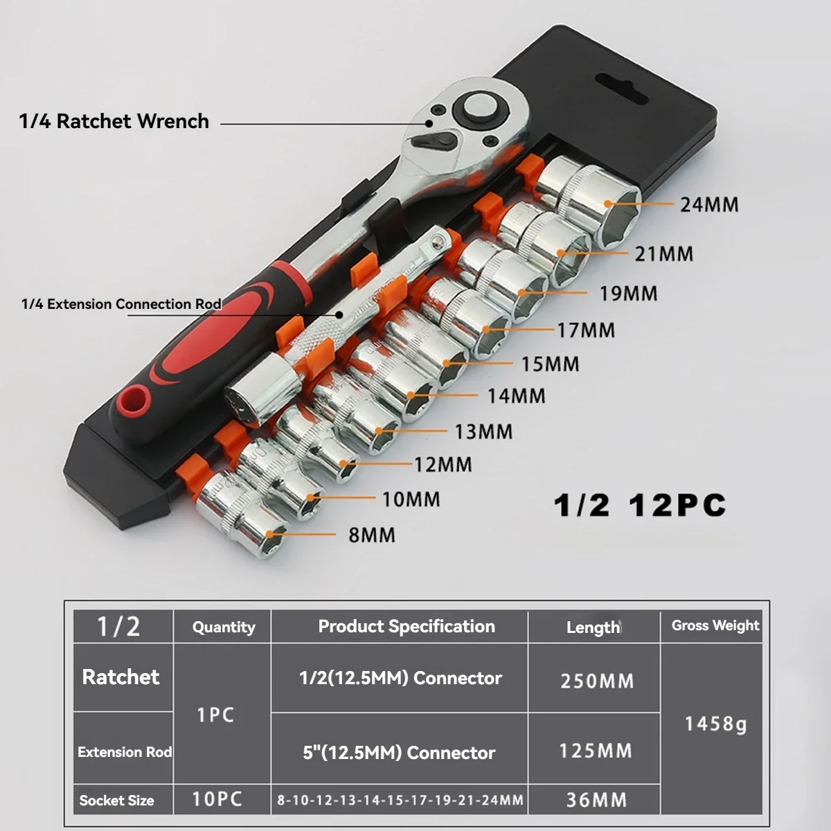 Description Picture 3 of item12pcs Socket Ratchet Handle Wrench Set 1/4 1/2 Spanner Kit With Extension Rod and 10 Common Sockets Car Repair Hand Tools