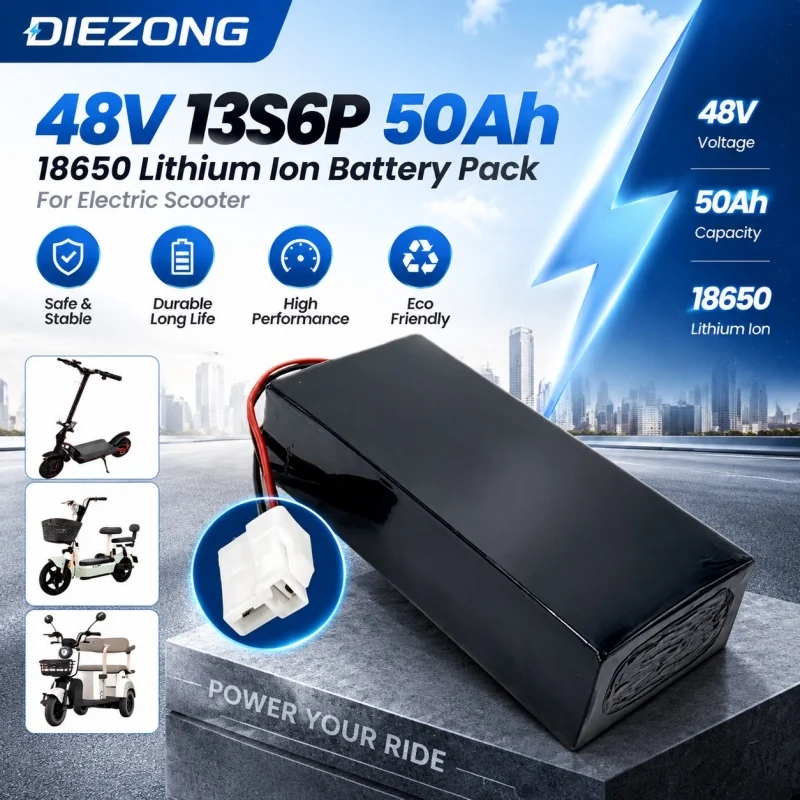 48V 50Ah 13S6P Rechargeable 18650 Lithium Ion Battery Pack with BMS Protection for Electric Scooter Spare Parts
