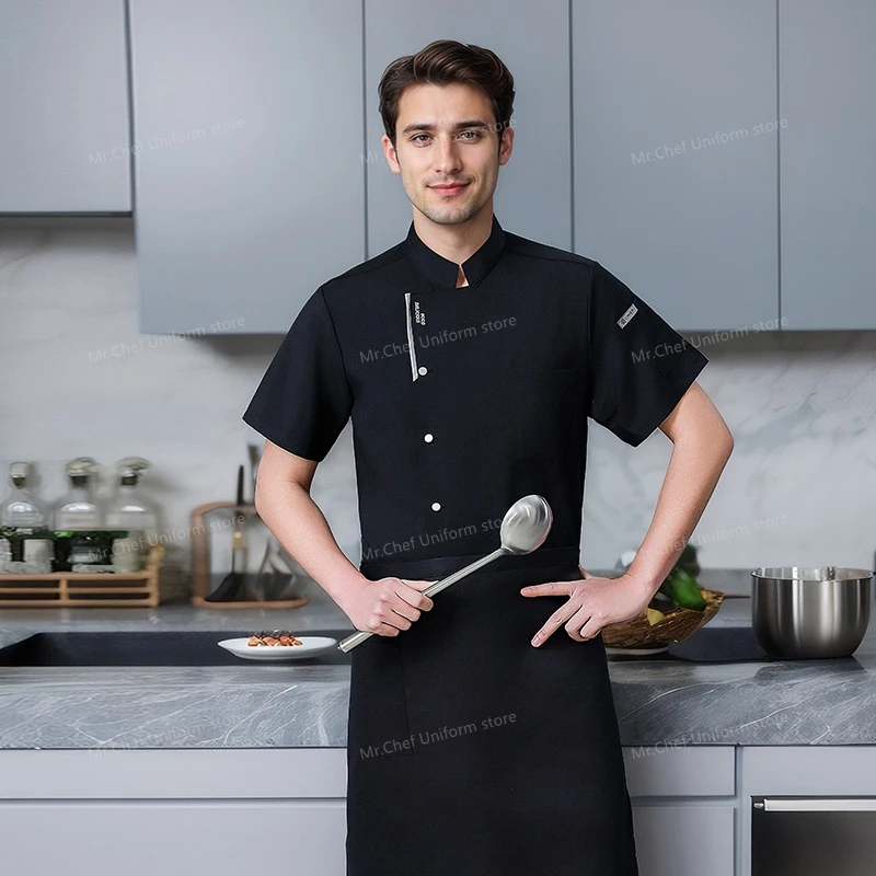 Giacca da cuoco da uomo a maniche corte Uniforme da lavoro da cucina Ristorante traspirante Cappotto da cuoco grembiule bianco abiti da lavoro Pantaloncini da cuoco Estate