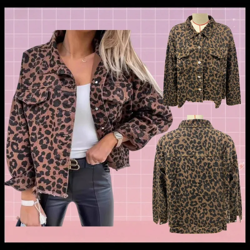

2025 New Spring and Autumn Denim Jacket Leopard Print Long-sleeved Short Loose Casual Jacket Women
