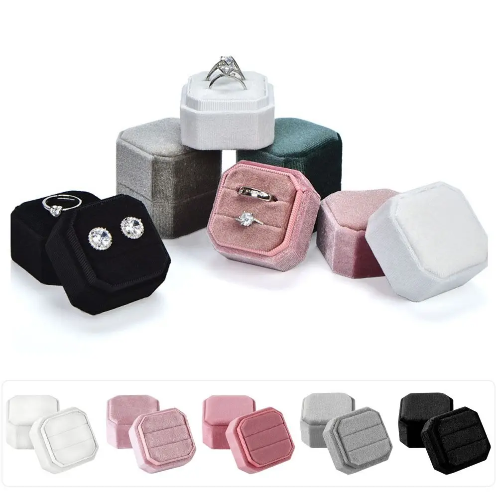 High-quality Velvet Jewelry Box Octagon Square Exquisite Double Ring Storage Case With Detachable Lid Packing Box Wedding