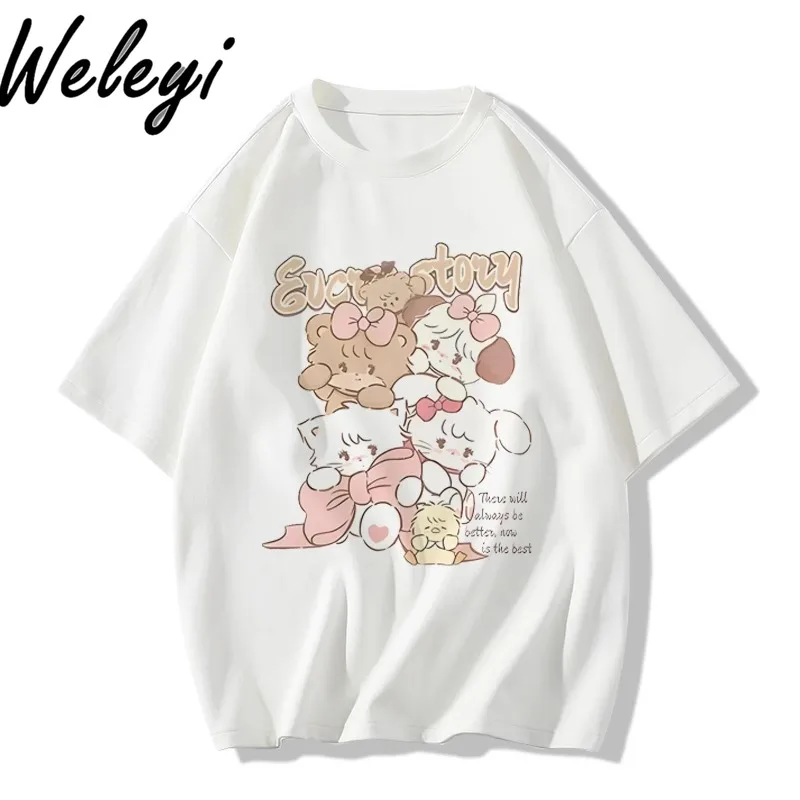 

Korean College Style Cute T-shirt Womens Summer Fashion New Unique Chic Cotton All Match Cartoon Short Sleeve Bluzki Damskie Top