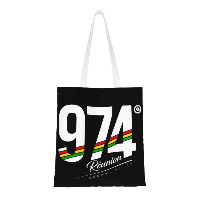 Funny 974 Reunion Isalnd Shopping Tote Bags Recycling Rasta Strips Grocery Canvas Shoulder Shopper Bag