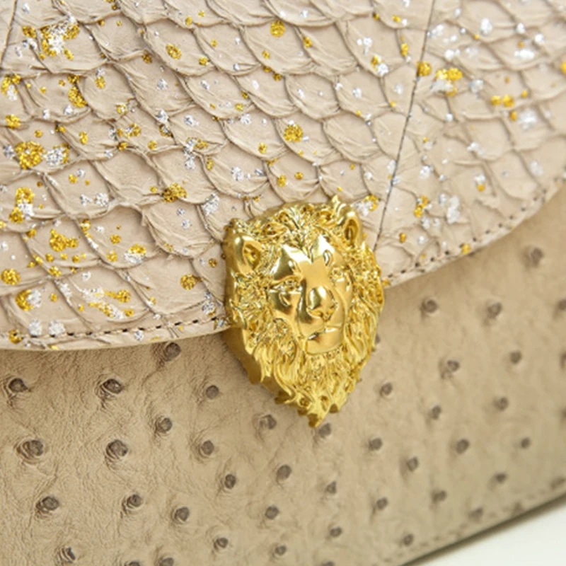 Luxury Lion Head Gold Handle Handbag Brand Ostrich Pattern Fashion Design Genuine Leather Lady New Bamboo Handle Versatile Bag