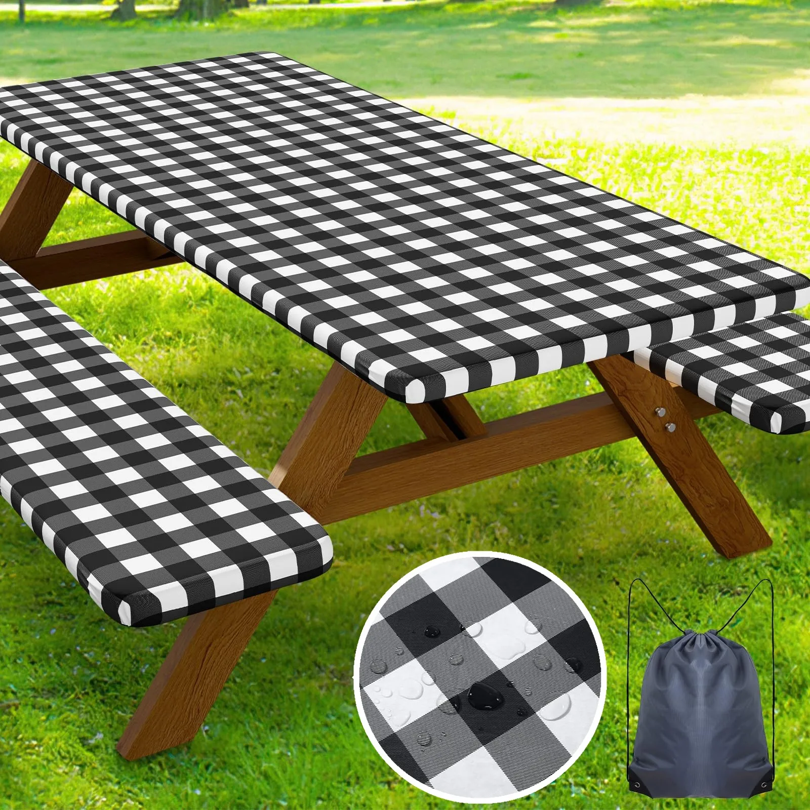 Picnic Table Cover with Bench Covers Waterproof Elastic Fitted Tablecloths for 183CM Rectangle Tables Plaid Camping Tablecloth