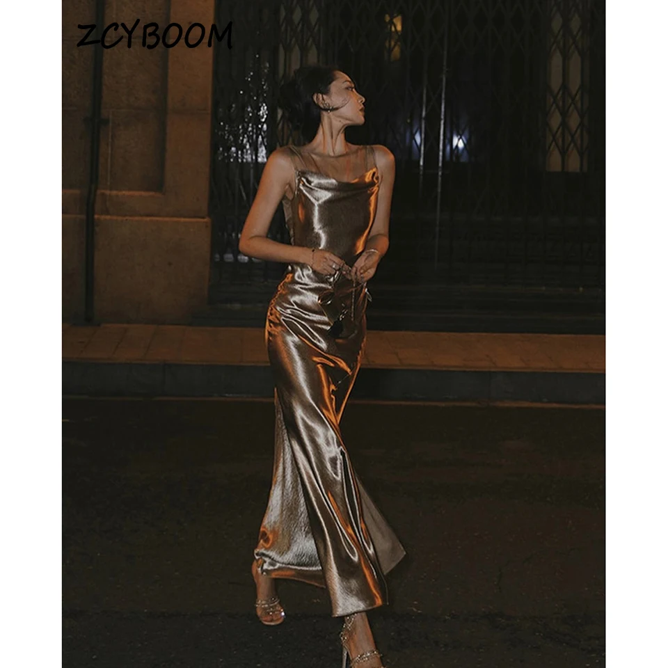 

Charming Champagne O-Neck Sleeveless Open Back Evening Dresses 2025 Elegant Mermaid Ankle-lengh Side Slit Zipper Prom Dress