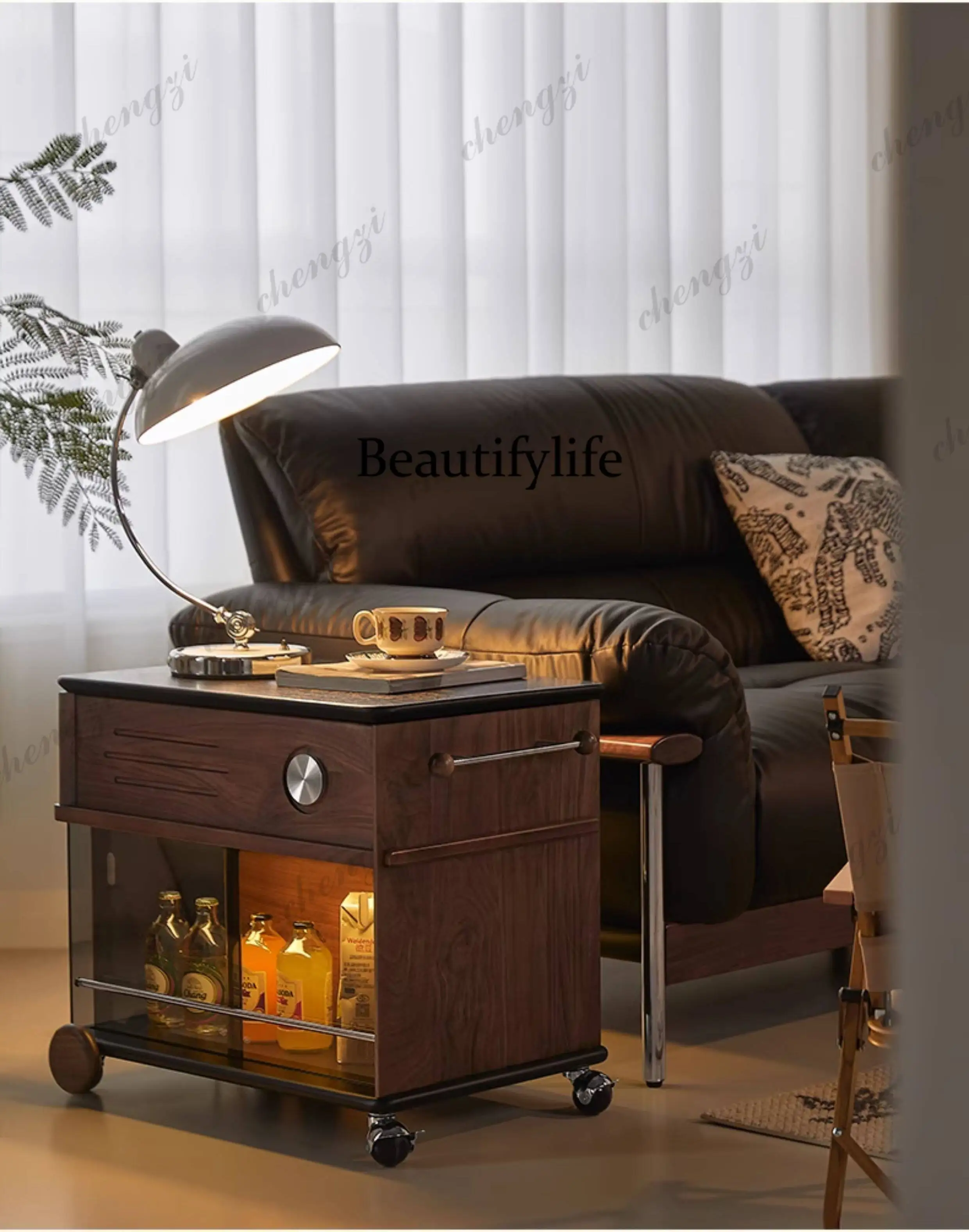 Side few black walnut solid wood lifting coffee table tea table living room household removable trolley