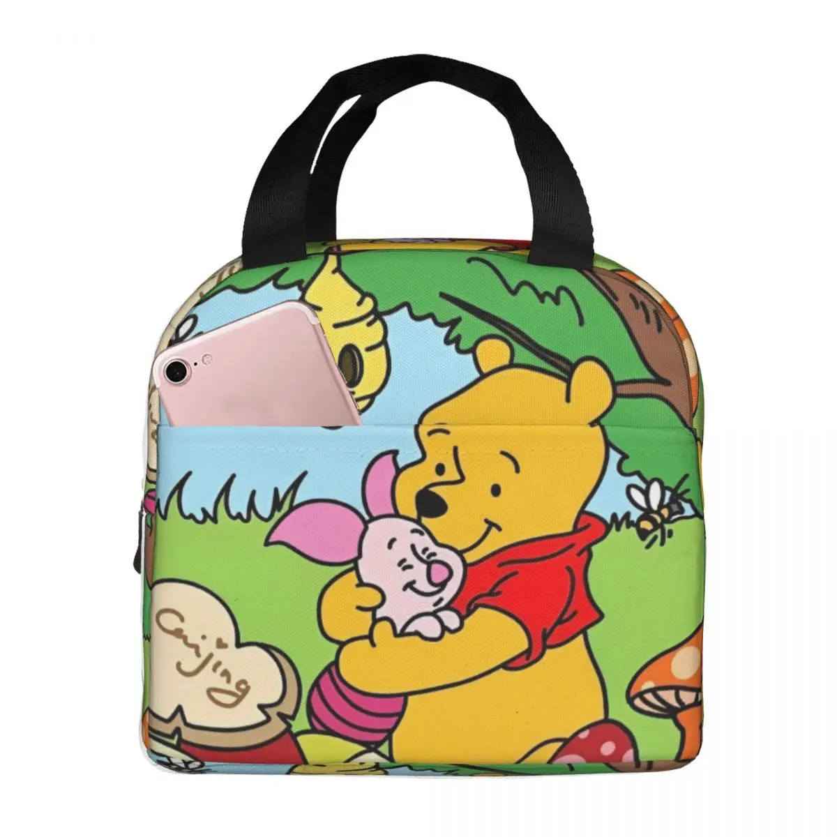 MINISO Piglet Pooh Bear Lunch Bag Kawaii Lunch Box Office Portable Insulated Thermal Lunch Bags Print Cooler Bag