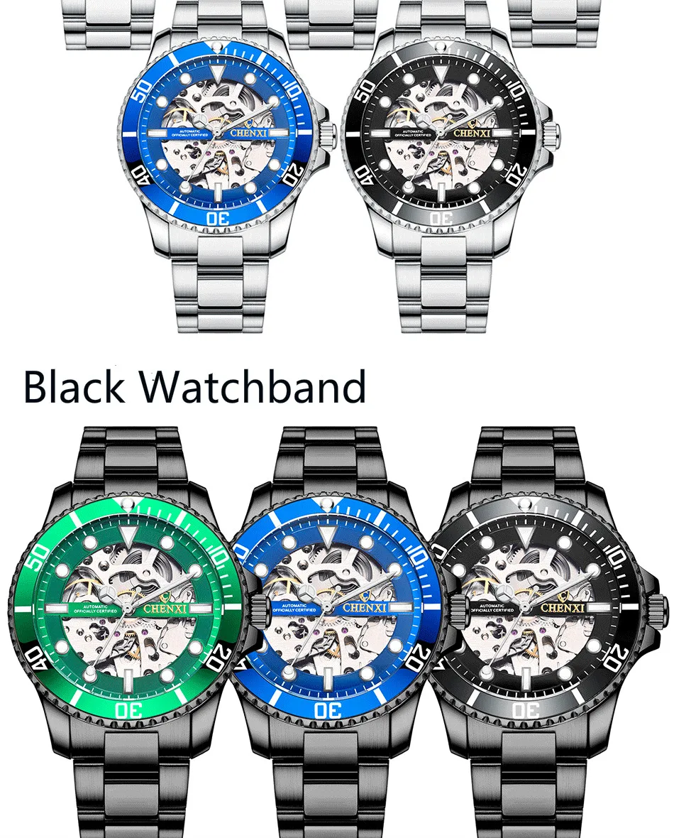 CHENXI-Reloj clásico para hombre, pulsera mecánica automática con esfera giratoria, color verde, esqueleto dorado de lujo, de imitación