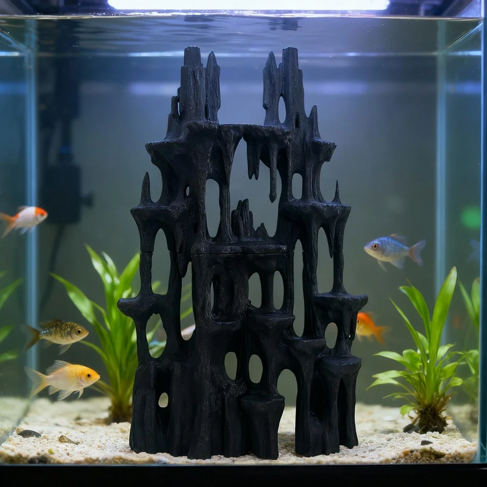 Pared de fondo de pecera, decoración de paisaje de rocalla de pecera, lugar oculto de peces, decoración de paisajismo de pecera