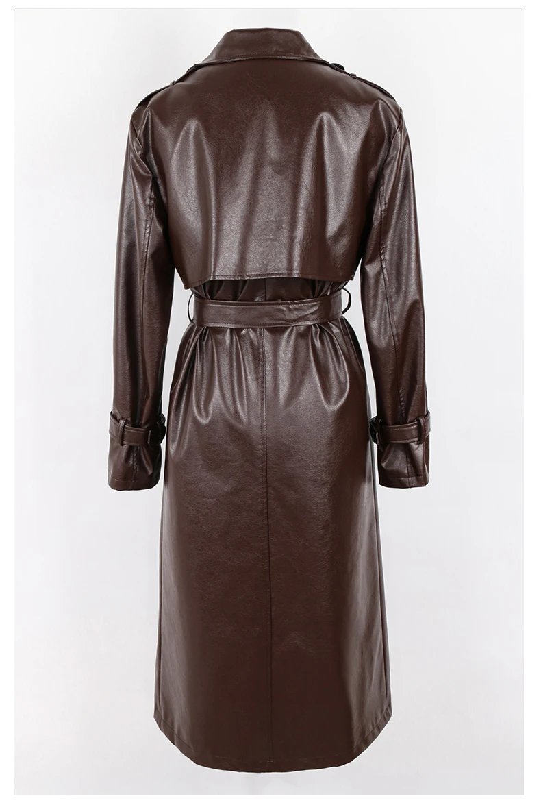 Lautaro Spring Autumn Long Black Soft Pu Leather Trench Coat for Women Belt Double Breasted Cool Handsome European Fashion 2022