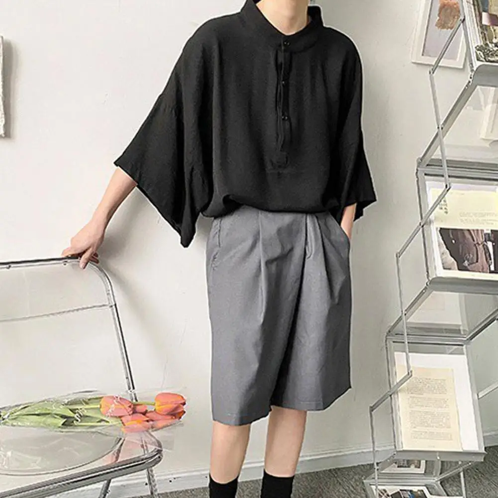 Casual Shirt Japanese Style Men's Pullover Shirt with Stand Collar Bat Sleeves Loose Fit Mid Length Top for Fall Spring Men Top