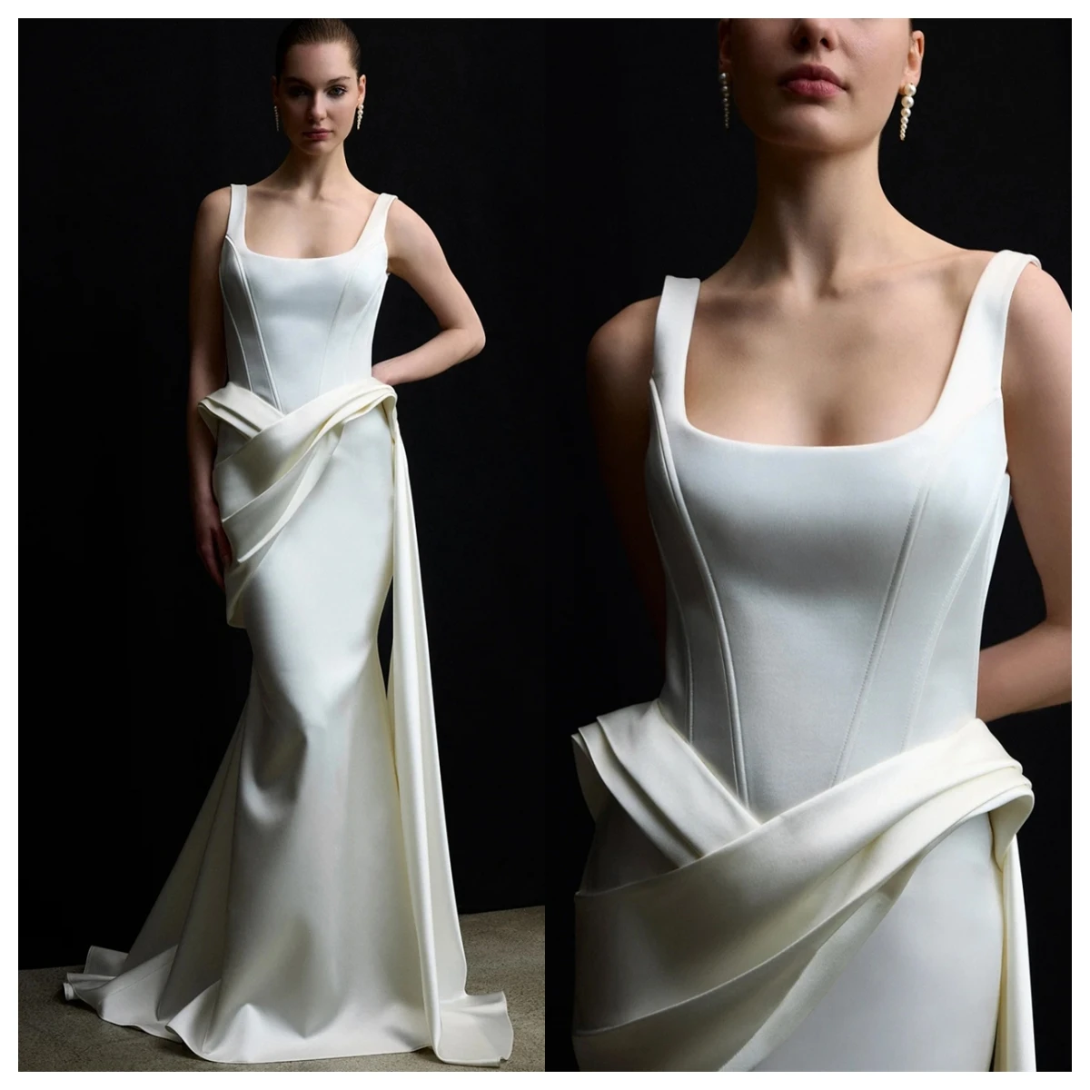 

Customized Temperament White Satin Evening Dress Square Collar Cap Sleeve Sleeveless Celebrity Gowns Bespoke Occasion Gowns
