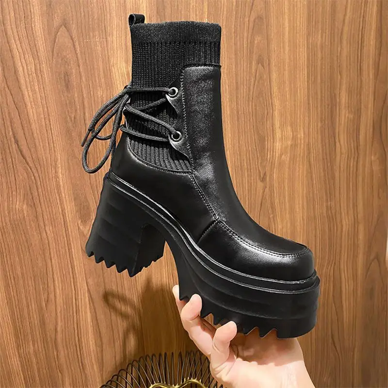 2024 New Ankle Boots Women Quality Platform Boots Female Fashion Short Boot Black Chunky High Heel Women Shoes Fashion Spring