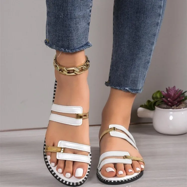 Sandalias planas con tachuelas para Mujer, Zapatos planos informales para playa, de diseñador, color negro, verano, 2024