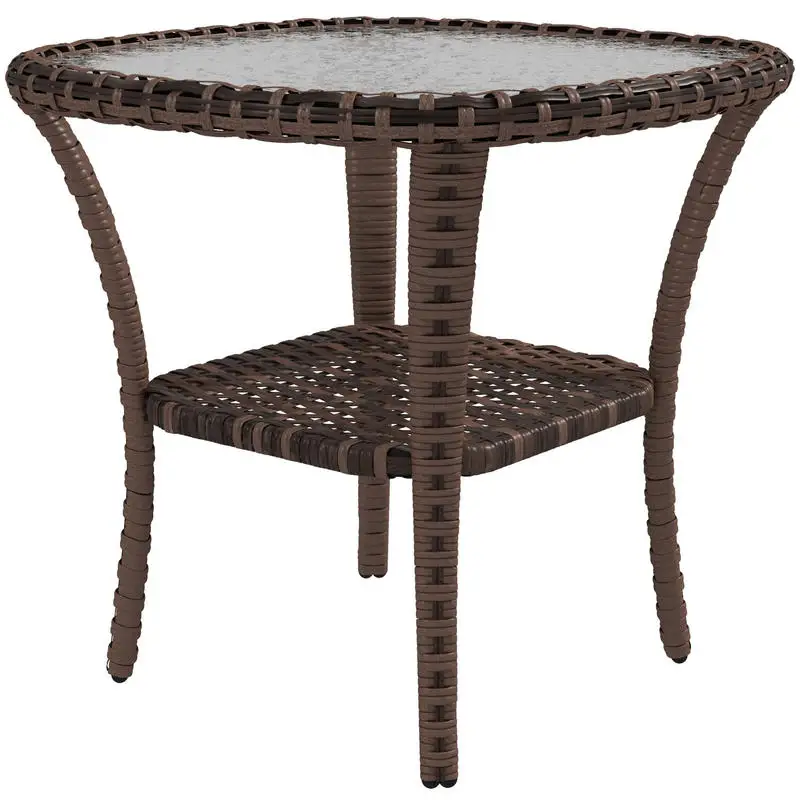 

Outsunny Outdoor Coffee Table with Storage Shelf, Hand-Woven Wicker Side Table with Water-Ripple Glass Top, Mix Brown