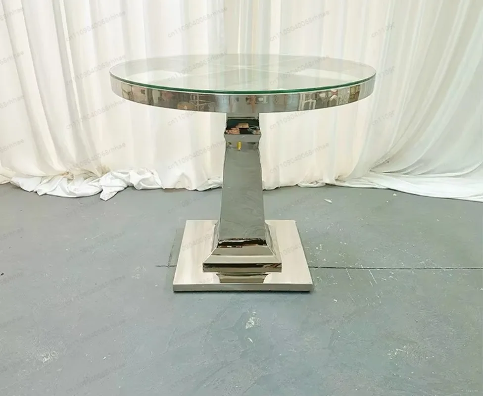 Modern Smooth Silver Stainless Steel Round Cake Table With Glass Top Wedding Banquet Furniture