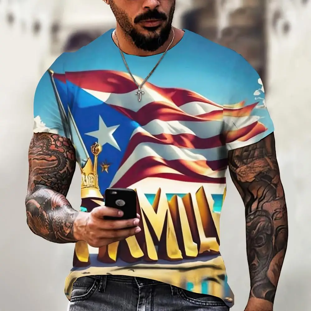 Men's T Shirt Summer Fashion Short Sleeve Tees Puerto Rico Flag Pattern Print T-Shirt Oversized Clothing Crew Neck Pullover Tops