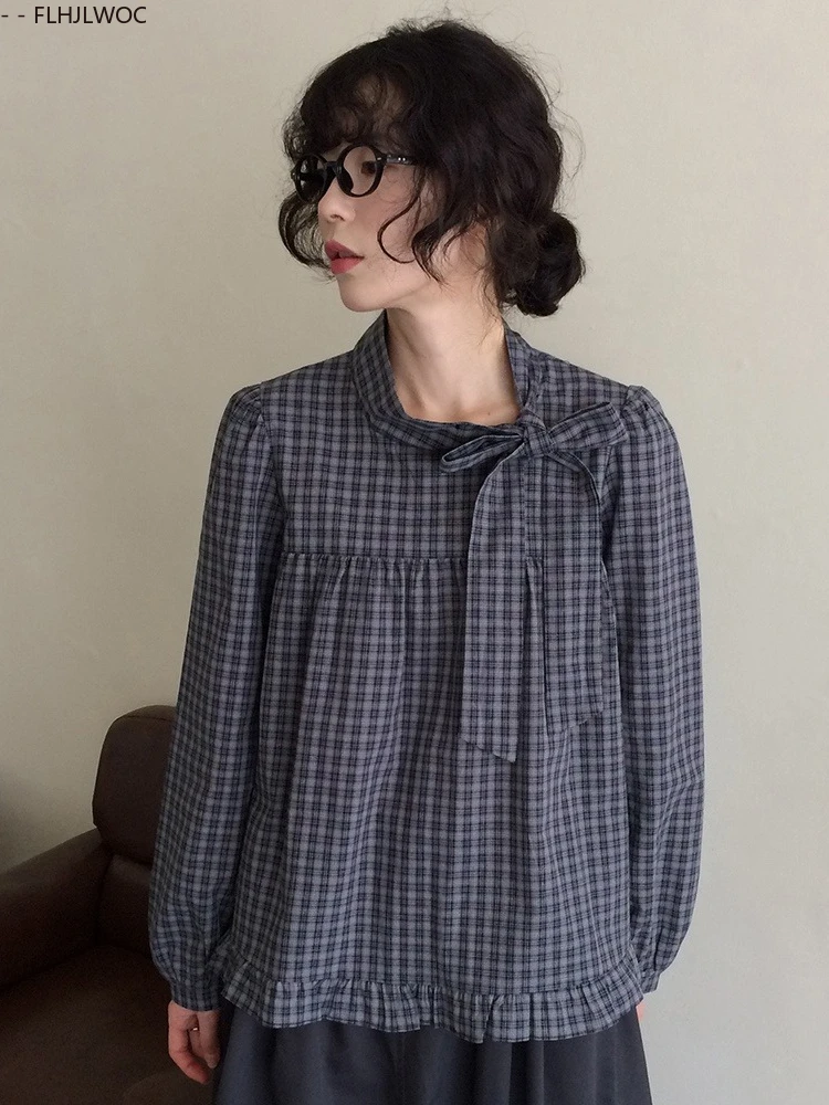 Короткие хлопковые топы, блузки, милые японские девушки, весна 2026, повседневные рубашки в клетку с длинными рукавами в стиле ретро, винтажный топ с галстуком-бабочкой