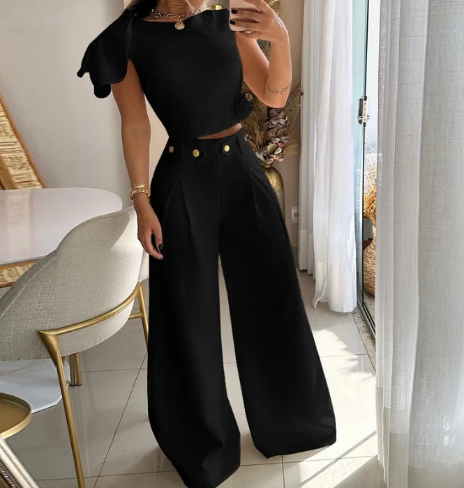 Fashion 2 Pieces Sets Women Sleeveless Solid Color Single Shoulder Petal Sleeve Tee High Waisted Temperament Pants Set for Women