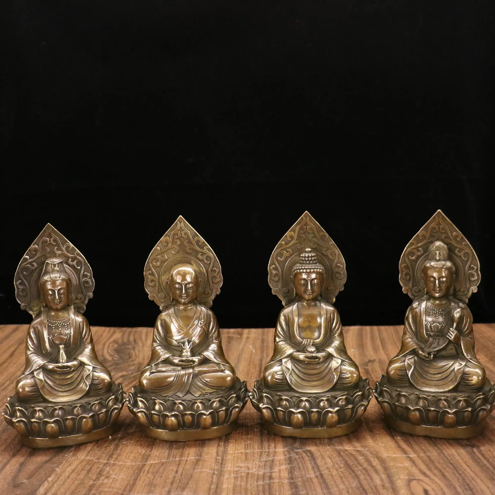 

7"Tibetan Temple Collection Old Bronze Patina Four Holy Buddhas West Four Buddhas Backlight lotus platform Sitting Buddha