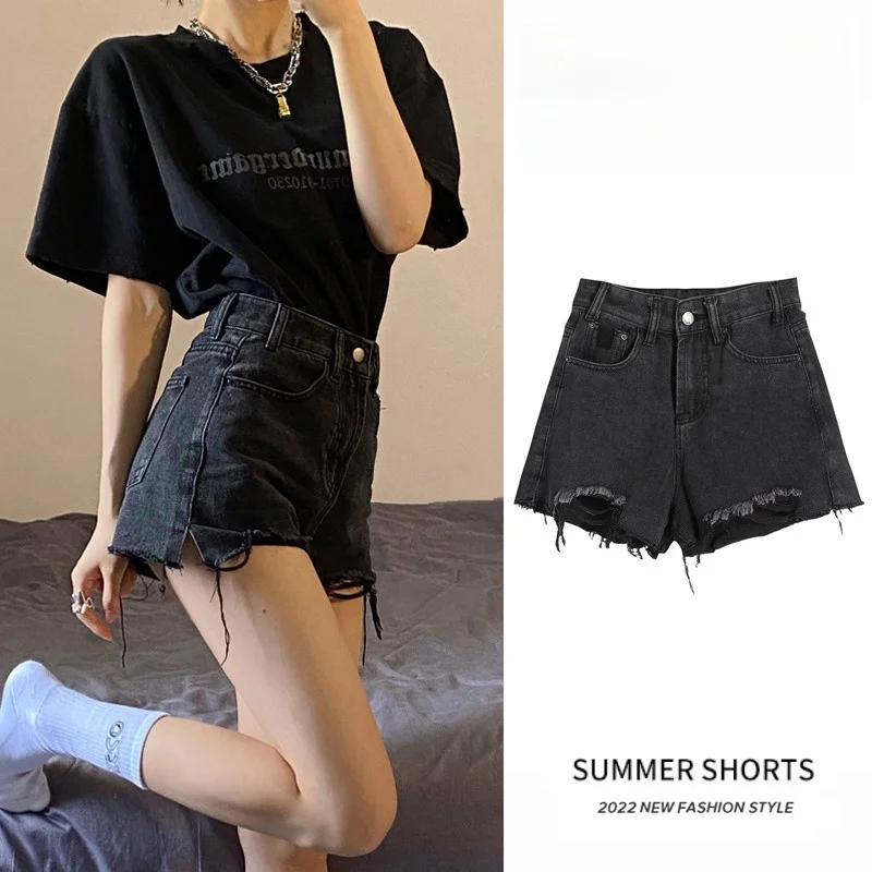

High Waist Short Jeans Women's Summer Thin A-Line Pants Torn Black Small Size Large Size Slimming Hot Pants Cotton Polyester ...