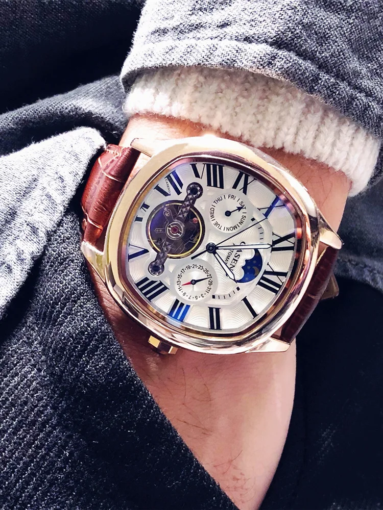 Luxury Tourbillon Watch Men Automatic Self-Wind Mechanical Wristwatches Top Brand Business Watch Multi-function Clocks Caseno
