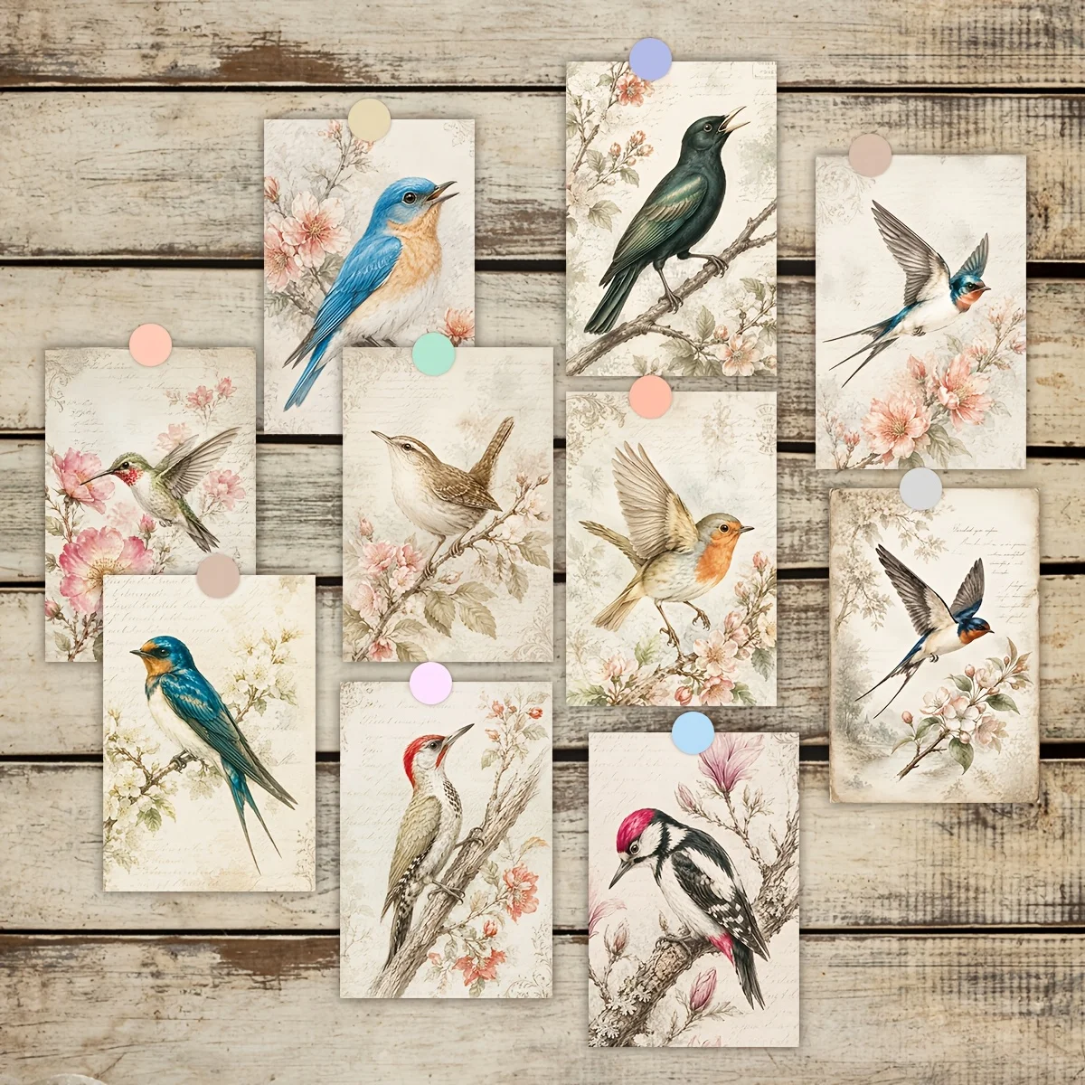 20PCS Retro Wild Flower and Bird Postcards, Plant and Bird Art, Used for Retro Account Collage, Spring Party