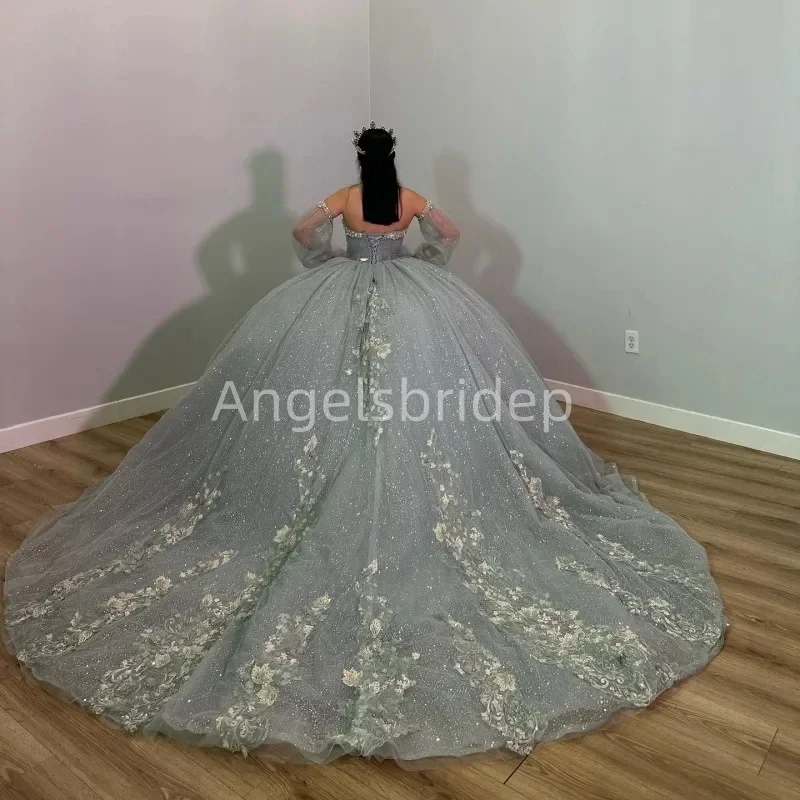 Angelsbride baile de formatura festa vestido de 15 quinceañera sábio verde luxo novo vestido de baile quinnceanera vestidos com mangas soltas